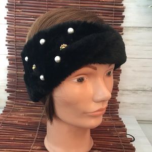 Black Faux Fur Headband Turban Bejeweled